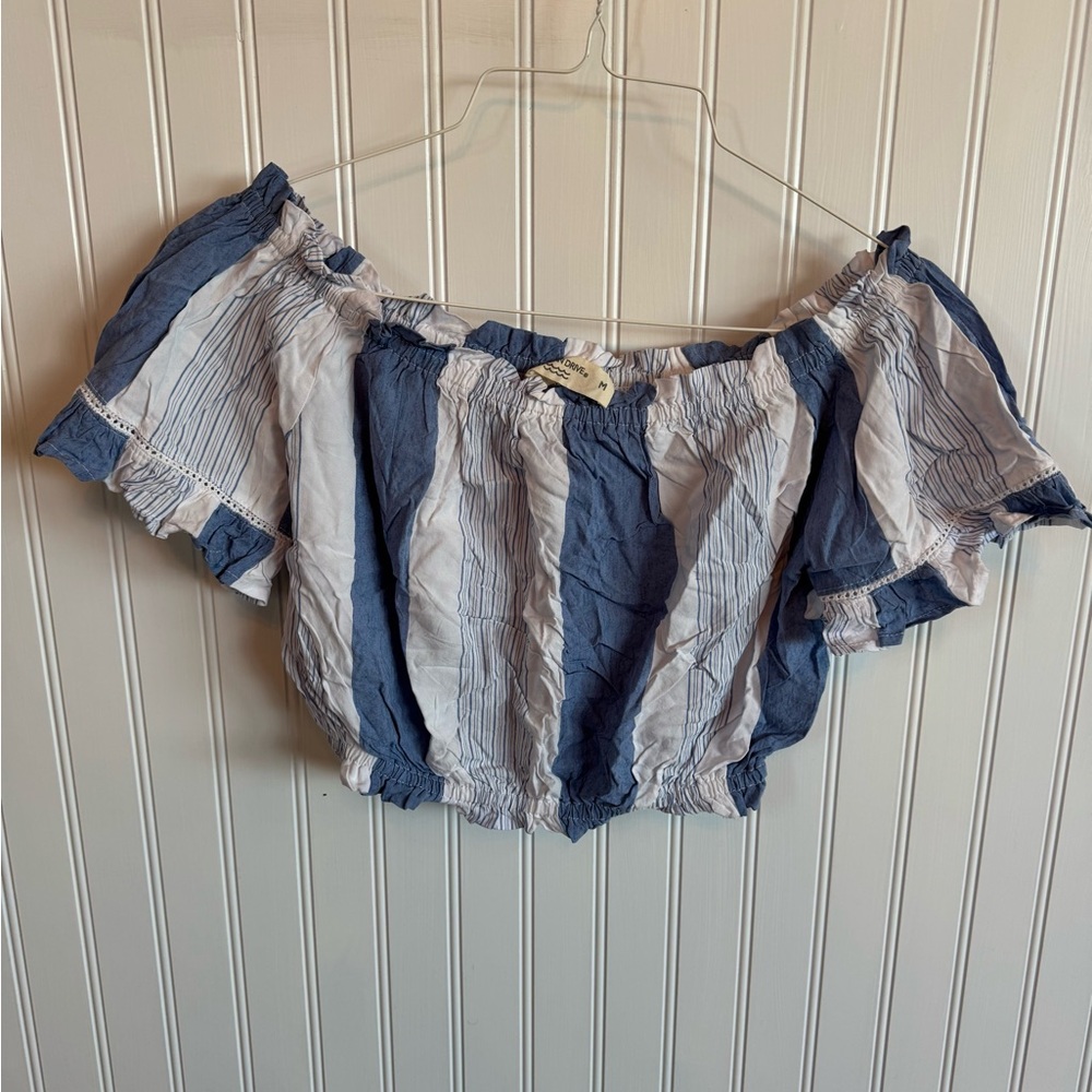 Ocean Drive Striped Off-Shoulder Puff Sleeve Peasant Style Cropped Blouse